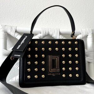 Karl Lagerfeld Paris Simone Studded Gold Satchel Crossbody Leather Black